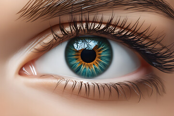 Beautiful Eye with Green Blue Iris Eyelashes Retina Exotic Feminin look in Closeup for Makeup Advertisement Beauty product with emotion Vision and Style  like Macro face with brilliant aesthetic