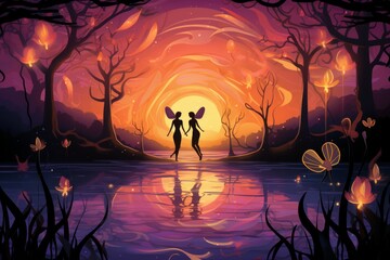 Playful twilight fireflies, dancing in the fading light, casting a soft glow on the world - Generative AI