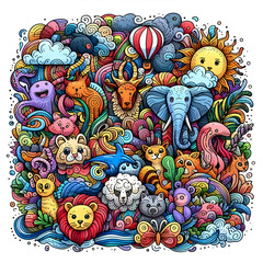Fototapeta premium Rainbow Safari: Colorful Animals doodle art pattern with various animals