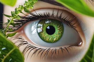 Beautiful Eye with Green Iris Retina Eyelashes Exotic Feminin look in Closeup for Makeup Advertisement Beauty product with emotion Vision and Style like Macro face with brilliant aesthetic