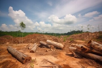Scene of cutting down trees during deforestation process. Generative AI
