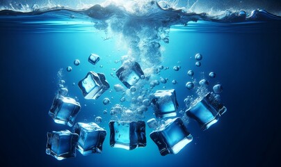several ice cubes falling into deep blue water background