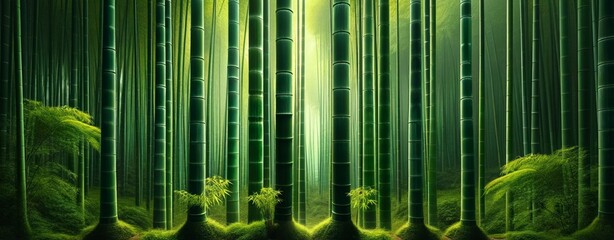 straight bamboo stalks with a lush green background - obrazy, fototapety, plakaty