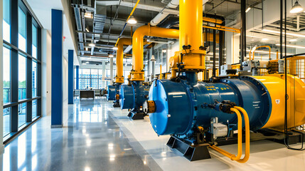Industrial Power Plant: The interior of an industrial power plant with pumps, pipes, and control systems, representing energy production