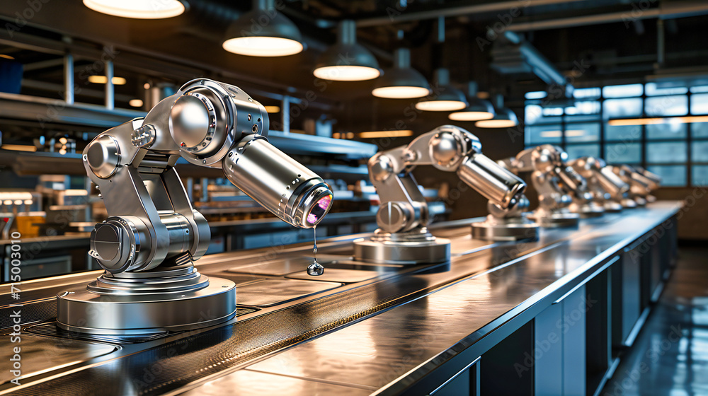 Poster automated machinery line: a view of automated machinery and assembly line in a factory, representing