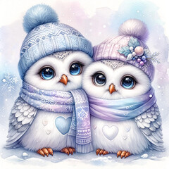 Fototapeta premium Two cute owls in winter hats and scarves. Watercolor illustration.