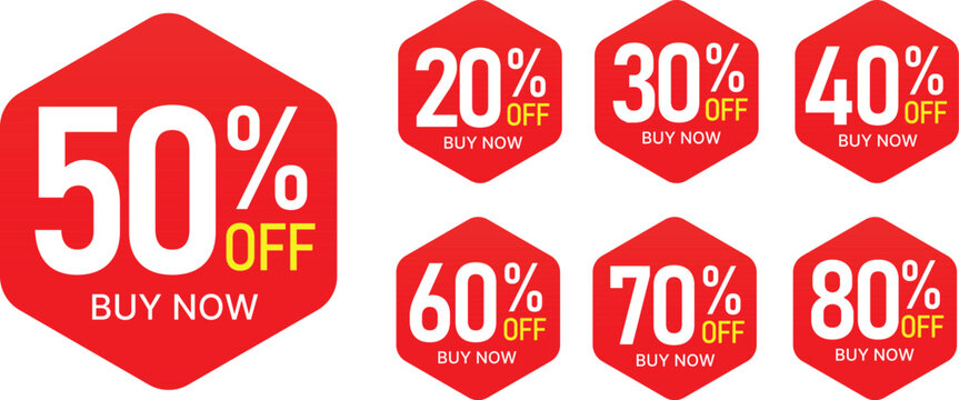 Different percent discount sticker discount price tag set. Red shape promote buy now with sell off up to 20, 30, 40, 50, 60, 70, 80 percentage vector illustration isolated on white.