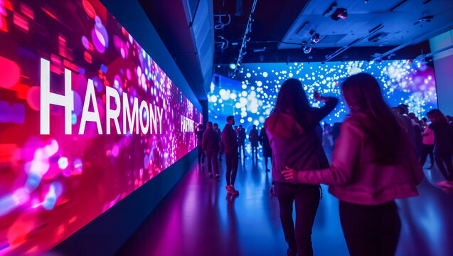 The word "HARMONY" displayed on a large video screen in a modern building