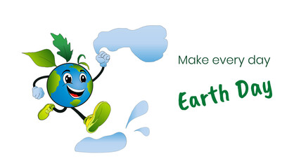 World Environment Day. Minimalist vector background, earth with cloud in hand walking on puddles. Design for postcard, poster, banner, social media with Make every day Earth Day.