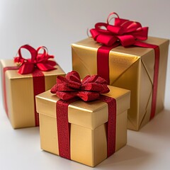 Obraz premium Two Gold Presents with Red Bows Generative AI