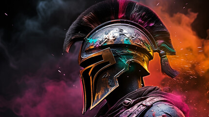 Spartan helmet and colored smoke on a black background Generate AI - obrazy, fototapety, plakaty