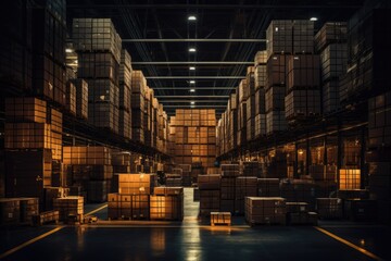 a warehouse with many pallets and boxes, in the style of dark amber and white
