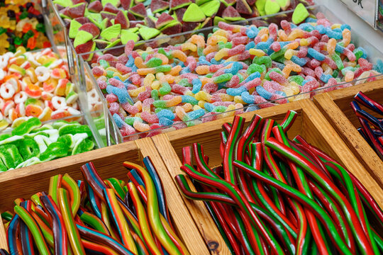 Close up view of assorted colorful different shape jelly candies on market in Budapesht