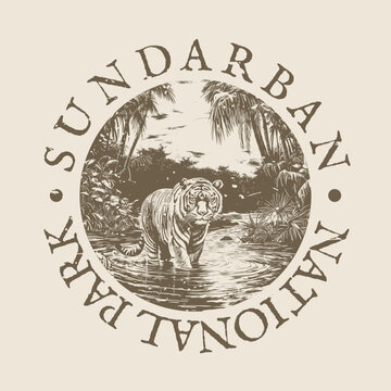 Sundarban, Gosaba, West Bengal, India Illustration Clip Art Design Shape. National Park Vintage Icon Vector Stamp.