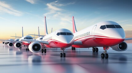Airplane on the runway at sunset. 3d render illustration, white red airplane, passenger planes on the runway at sunset, airplanes on the runway .