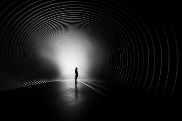Naklejka premium Silhouette of a man in a dark tunnel, a lonely man stands in front of a light portal, mystery man in tunnel, modern abstract art, go into the light concept.