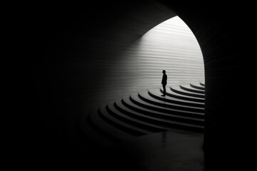 Silhouette of a man walking up the stairs in a tunnel, a mysterious man standing on a stairway in the light along a dark corridor,  abstract architecture, to the light.