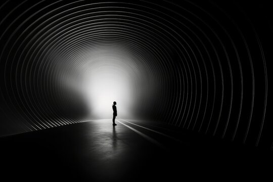 Fototapeta Silhouette of a man in a dark tunnel, a lonely man stands in front of a light portal, mystery man in tunnel, modern abstract art, go into the light concept.