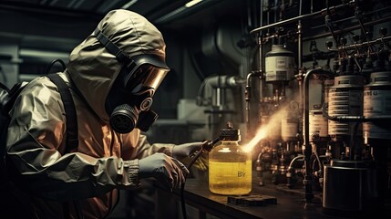 An engineer working in a lab, wearing a gas mask and protective suit