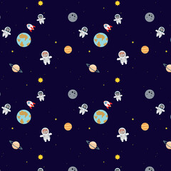 Web Space with astronauts stars planets spaceship seamless pattern on a blue background.