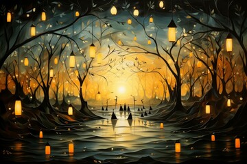 Fototapeta premium Playful twilight fireflies, dancing in the fading light, casting a soft glow on the world - Generative AI