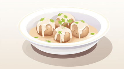 Swedish kottbullar meatballs in mushroom gravy water color, cartoon, hand drawing, animation 3D, vibrant, minimalist style. ai generated.