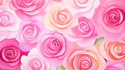 Pink roses background is a feast for the eyes, a riot of color and beauty. water color, cartoon, hand drawing, animation 3D, vibrant, minimalist style. ai generated.