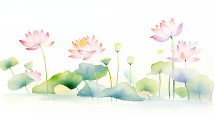Lotus flowers inside the Botanical Garden of Howrah water color, cartoon, hand drawing, animation 3D, vibrant, minimalist style. ai generated.