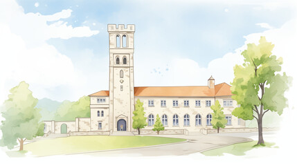 The historic tower and stone college building are a testament to the enduring legacy water color, cartoon, hand drawing, animation 3D, vibrant, minimalist style. ai generated.