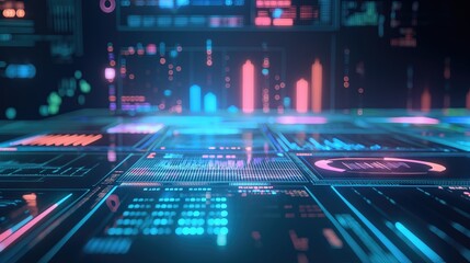 Digital holographic data charts and graphs with glowing lights