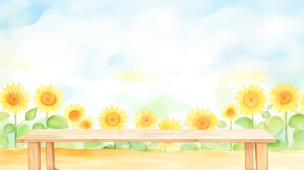 The wooden table in a sunflower field water color, cartoon, hand drawing, animation 3D, vibrant, minimalist style. ai generated.