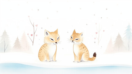 Two lynxes in love in winter water color, cartoon, hand drawing, animation 3D, vibrant, minimalist style. ai generated.
