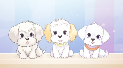 Three puppies near a display counter water color, cartoon, hand drawing, animation 3D, vibrant, minimalist style. ai generated.