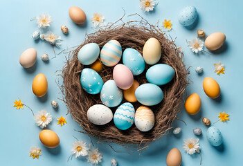 Fototapeta na wymiar Elegant Easter Display: Colored Eggs Nestled in a Beautiful Basket on a Wooden Background