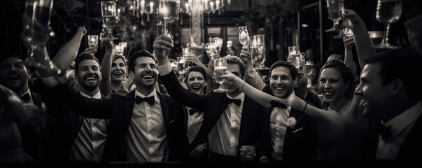 Happy people celebrating wedding party after bride - obrazy, fototapety, plakaty