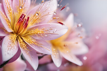 Beautiful violet Pink Flower Dahlia blossom with feminin aesthetic Jewelery valentine love Woman Advertisement Background in Purple soft colors. Macro closeup very detailed. Blooming perfect Nature