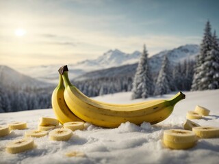 banana plantation in the mountains snowy winter - obrazy, fototapety, plakaty