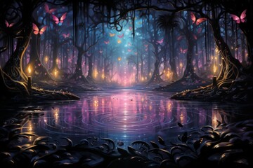 Fototapeta premium Playful twilight fireflies, dancing in the fading light, casting a soft glow on the world - Generative AI
