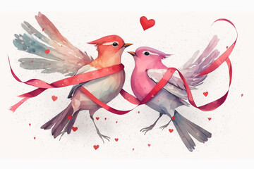 Zakochane ptaszki - ilustracja na zaproszenie ślubne, Birds in love - illustration for a wedding invitation - AI Generated