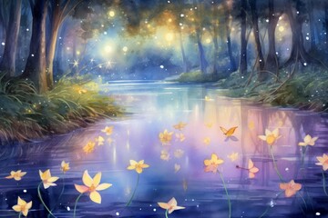 Playful twilight fireflies, dancing in the fading light, casting a soft glow on the world - Generative AI