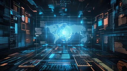 Digital display showing various data in holographic screen and monitors with holographic world map