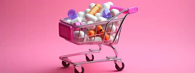 Buy medicine. Various capsules, tablets and medicine in shop trolley on a pink background