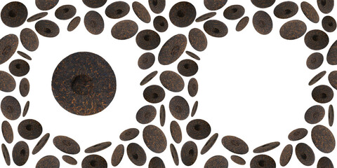 Many different pu-erh tea cakes isolated on transparent background png. Seamless pattern