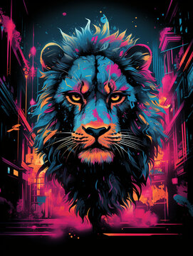 T-shirt design, A nonsense image of extreme realism, cyberpunk lion created with Generative Ai