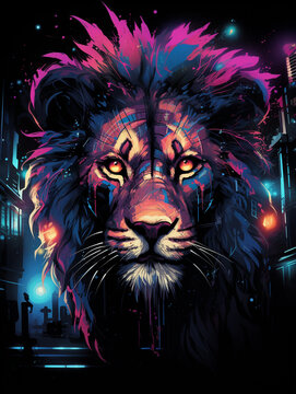 T-shirt design, A nonsense image of extreme realism, cyberpunk lion created with Generative Ai