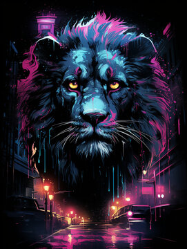 T-shirt design, A nonsense image of extreme realism, cyberpunk lion created with Generative Ai