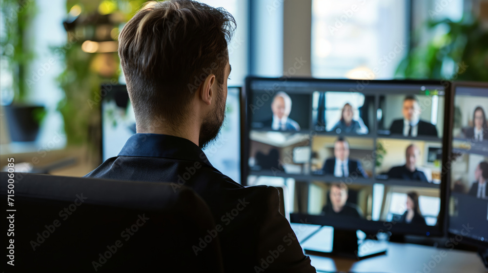 Poster a man sits in front of a computer monitor, focusing on videoconference