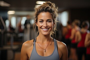 Medium shot portrait photography of a pleased, woman in his 50s that is wearing athletic wear against a gym setting background