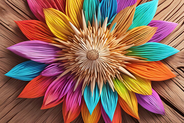 Crafted Hobby Flower Blossom in Rainbow Color colorful Background Design for Easter Party Celebration or Summer Spring Card wooden Design for Interior Decoration Friendly Happy Fun Feminin       