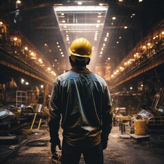 view from behind, industrial worker standing in a warehouse wearing a yellow hard hat and jacket
